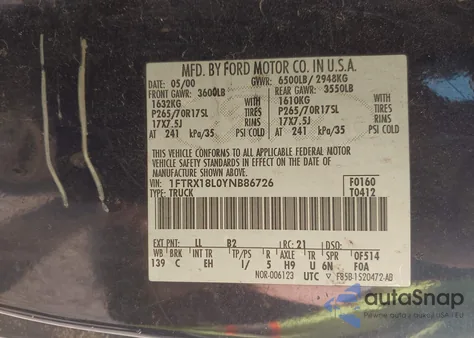 2000 Ford F-150 Lariat/Work Series/Xl/Xlt from USA, damaged, VIN 1FTRX18L0YNB86726